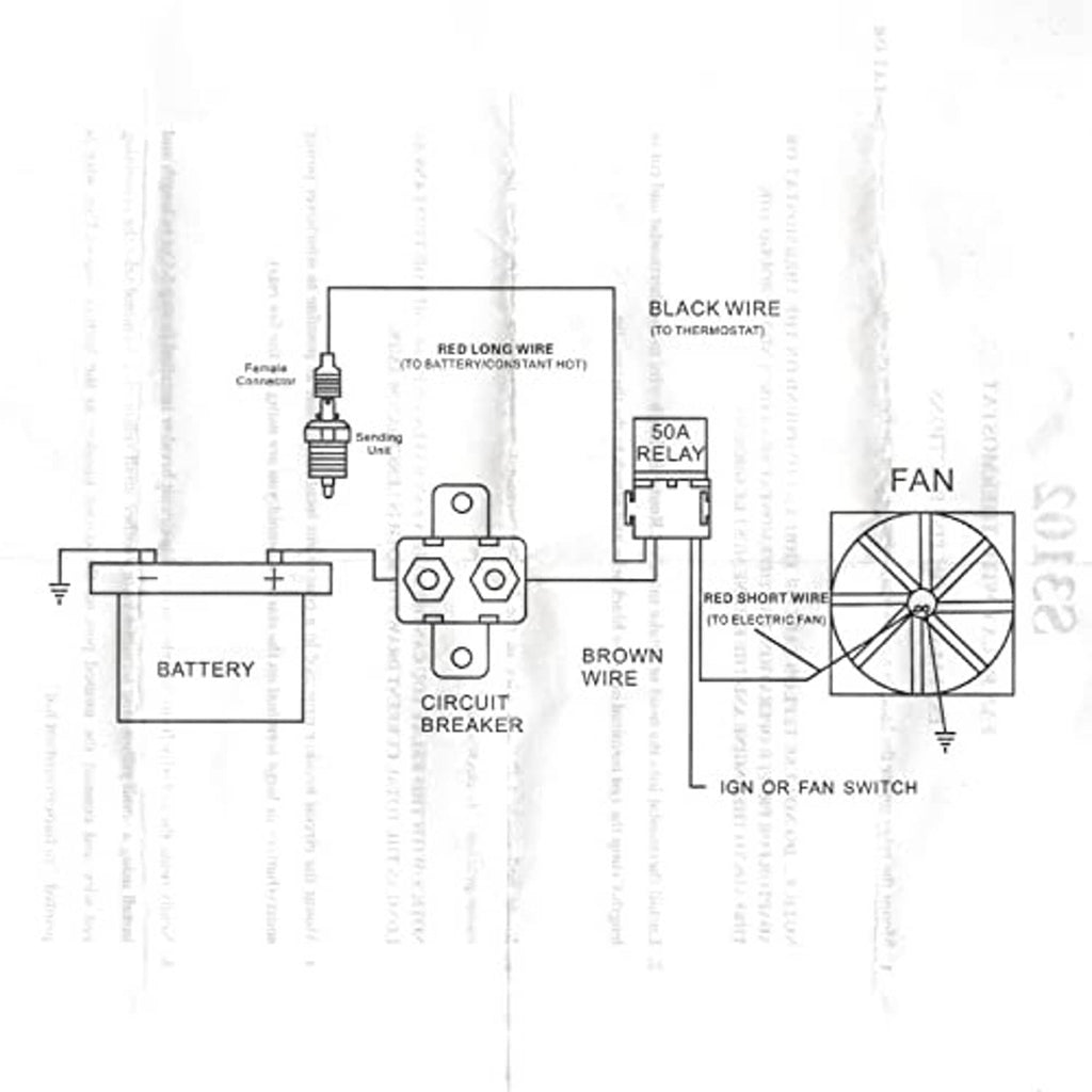 Thermostat wiring diagram showing battery, relay, ignition switch, and fan connections