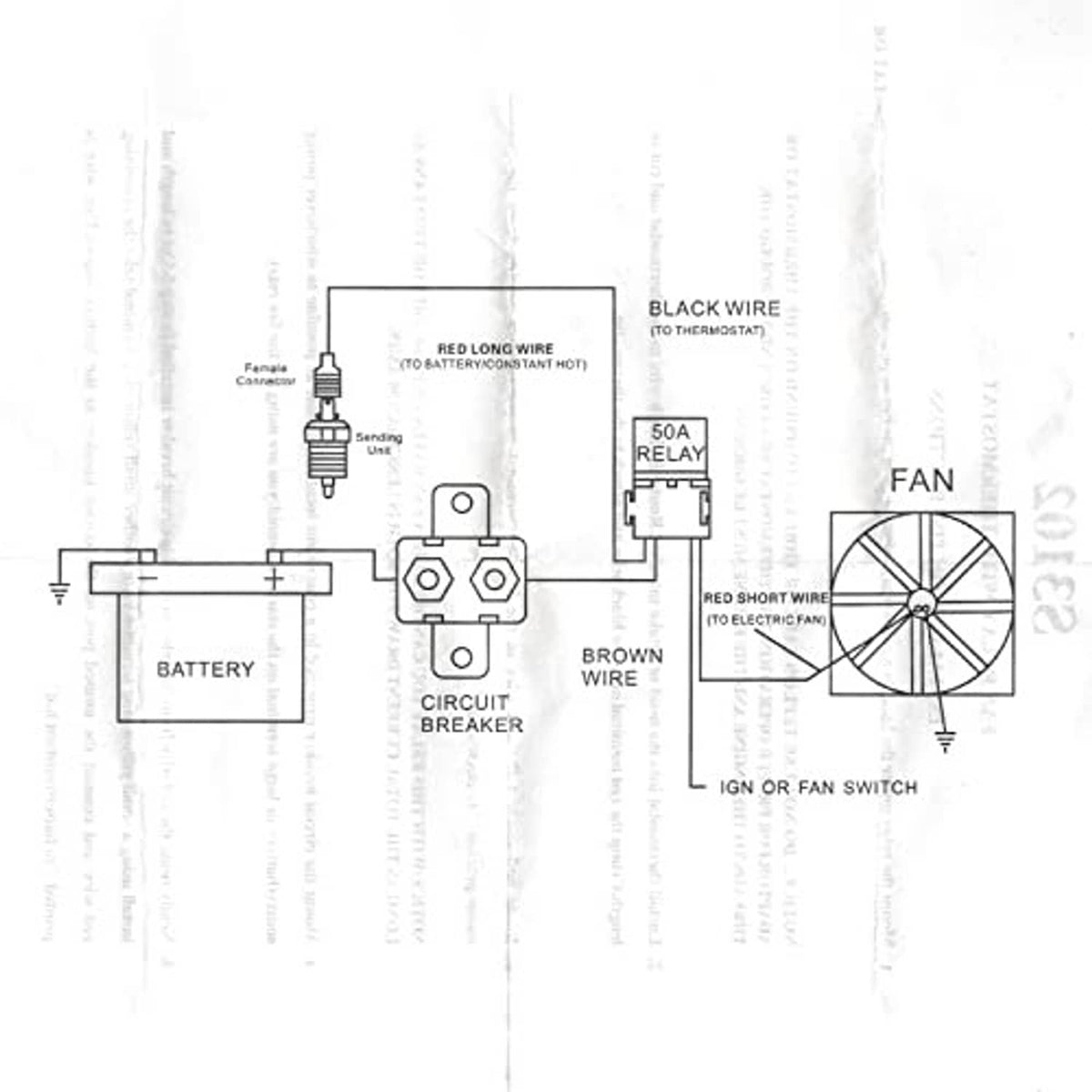 Thermostat wiring diagram showing battery, relay, ignition switch, and fan connections