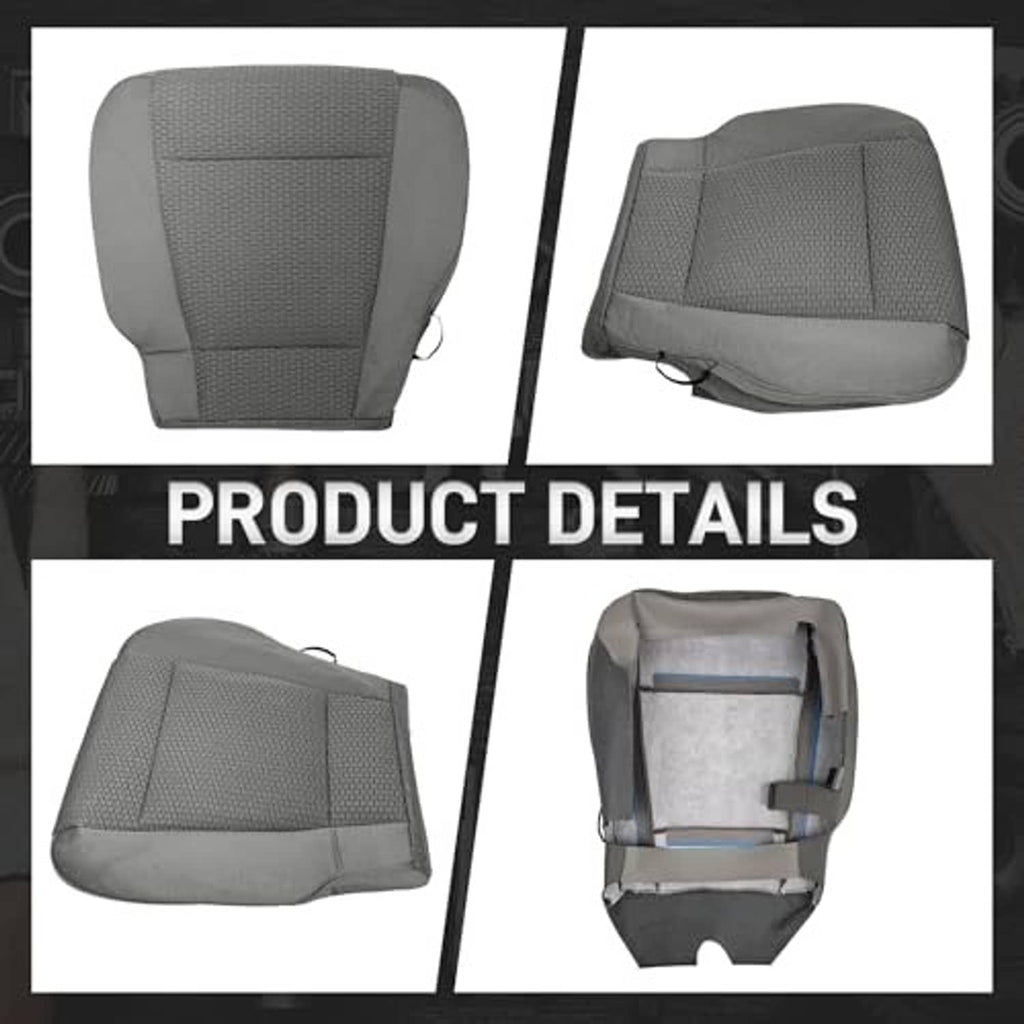 Gray driver seat bottom cover product details collage showing front and underside views