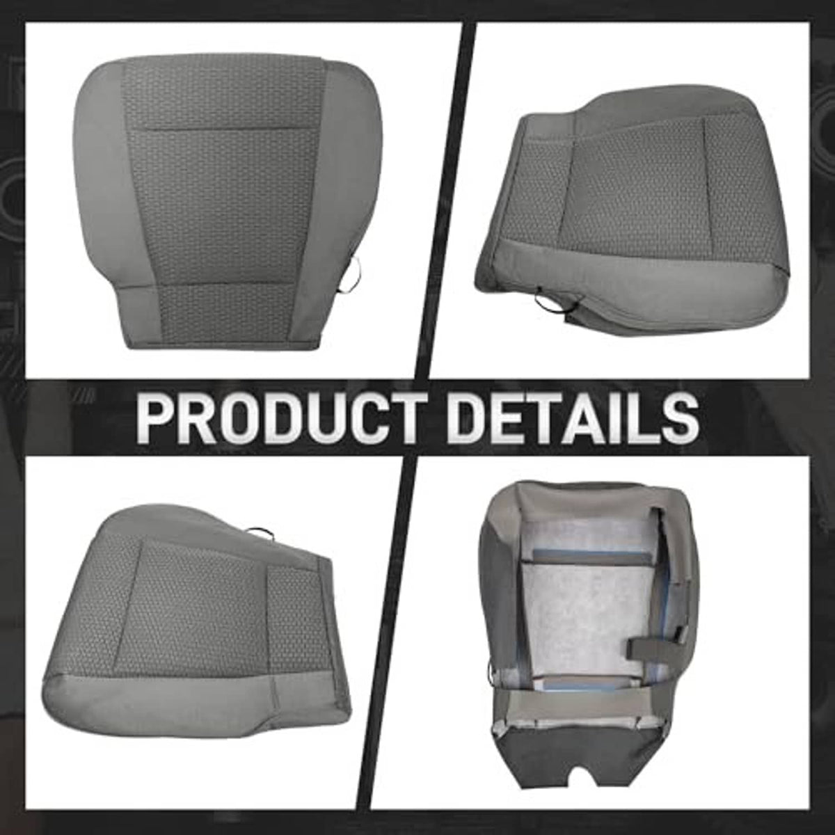 Gray driver seat bottom cover product details collage showing front and underside views
