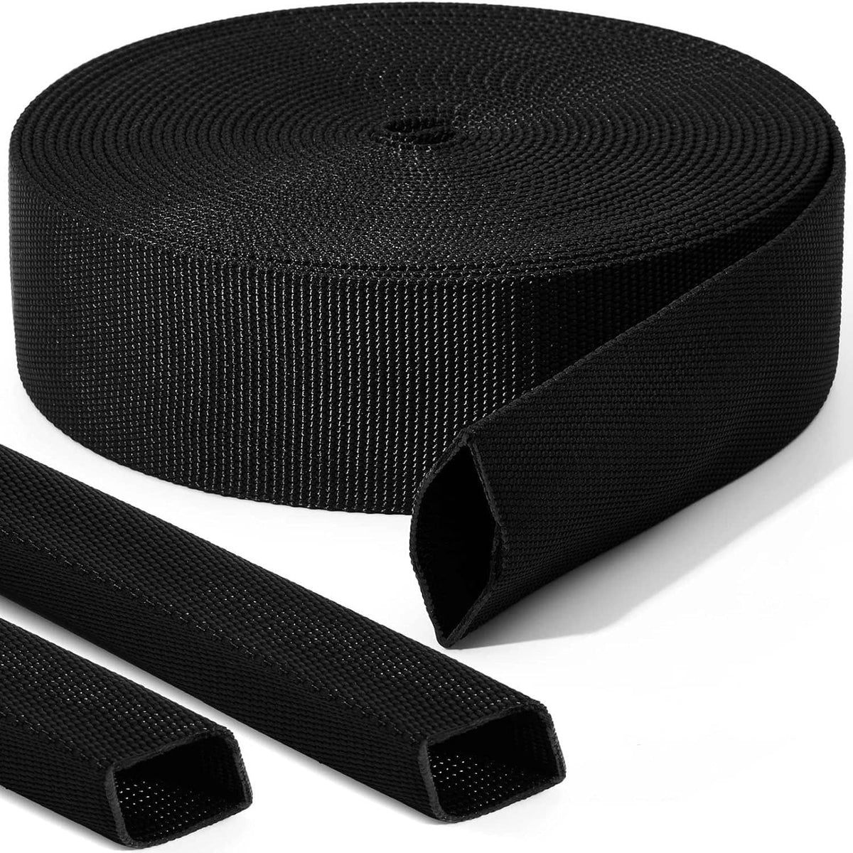 Black nylon protective sleeve roll with two flat strap sections and fabric texture