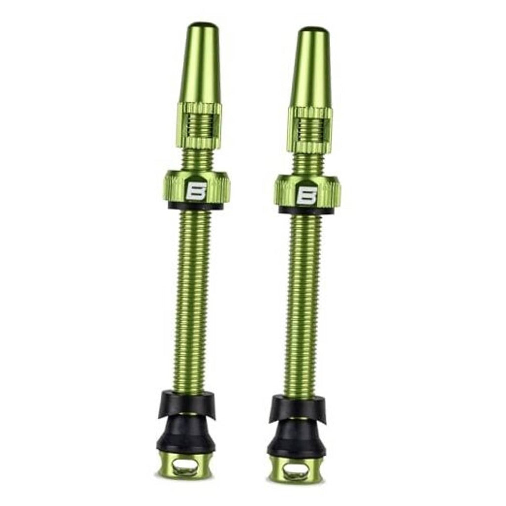 Tubeless Presta valve stems, lemon-green aluminum with black base and protective caps