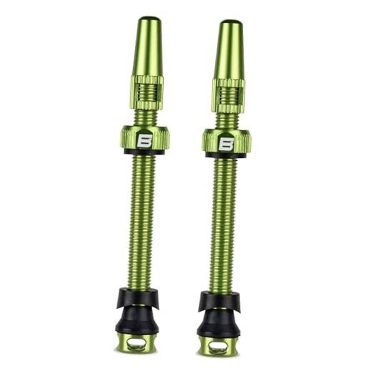 Tubeless Presta valve stems, lemon-green aluminum with black base and protective caps