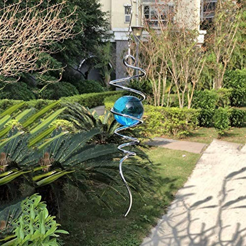 Outdoor blue gazing ball spiral wind spinner on garden stake with metal helix