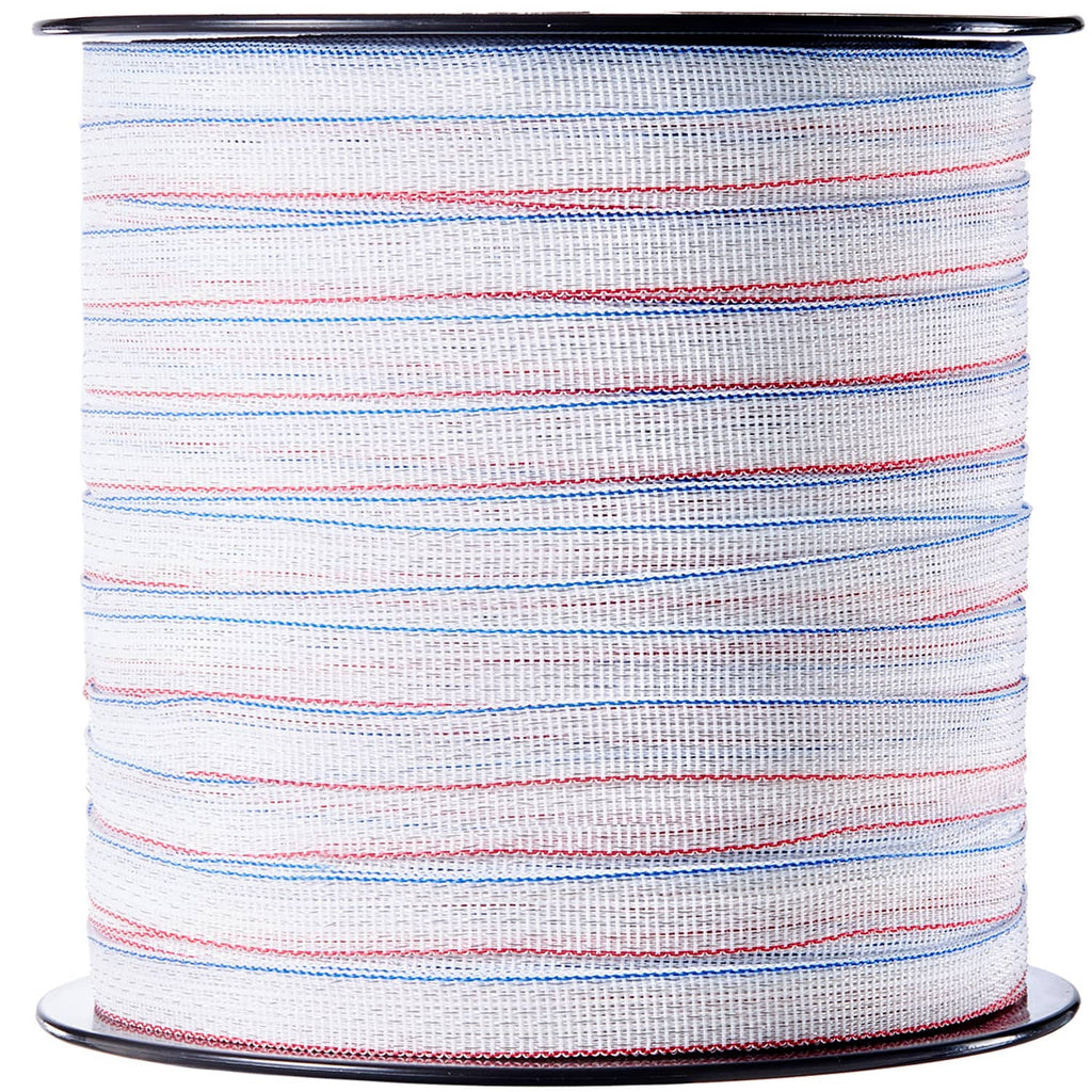 Electric fence tape roll with blue and red stripes on white backing
