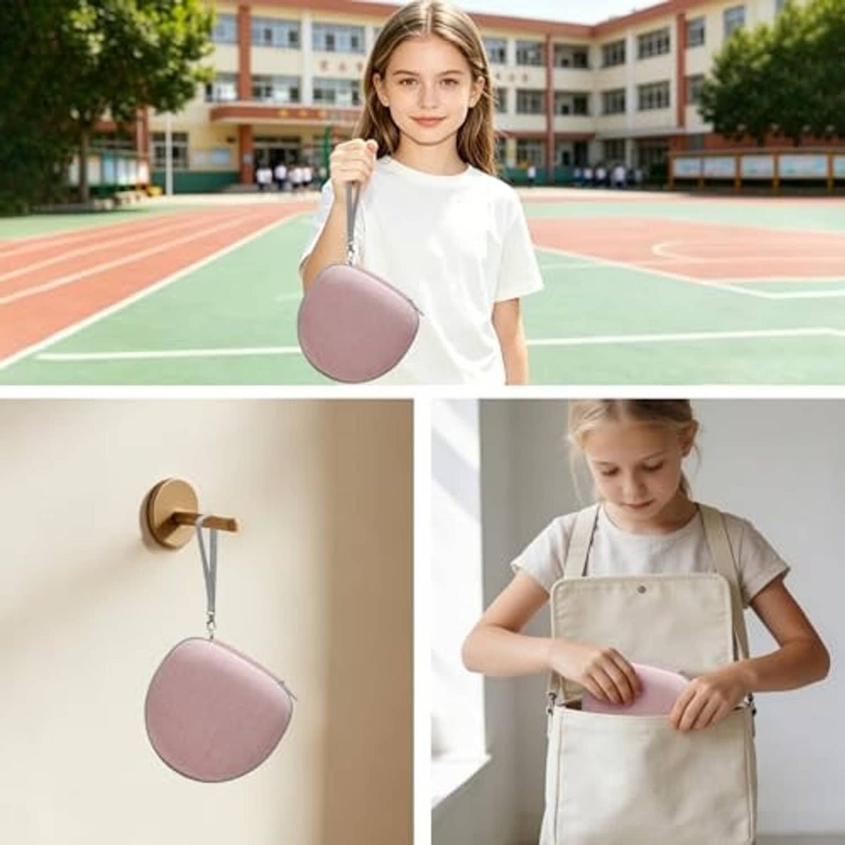 Pink round kids headphone hard case worn by a child with carry strap.