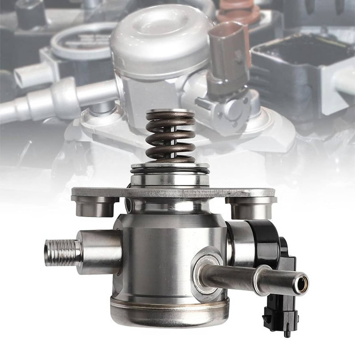 High-pressure fuel pump with metal housing and coil spring shown from front view