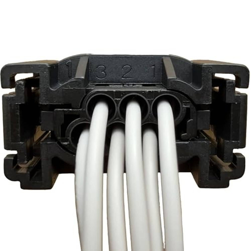 4-pin sensor connector wiring harness with white leads and numbered terminal slots, black housing