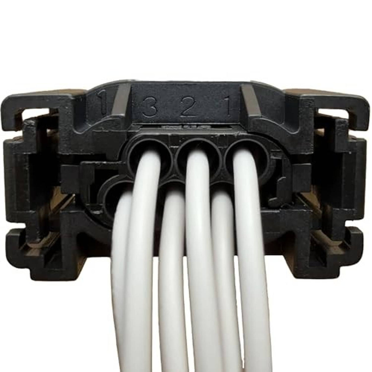 4-pin sensor connector wiring harness with white leads and numbered terminal slots, black housing