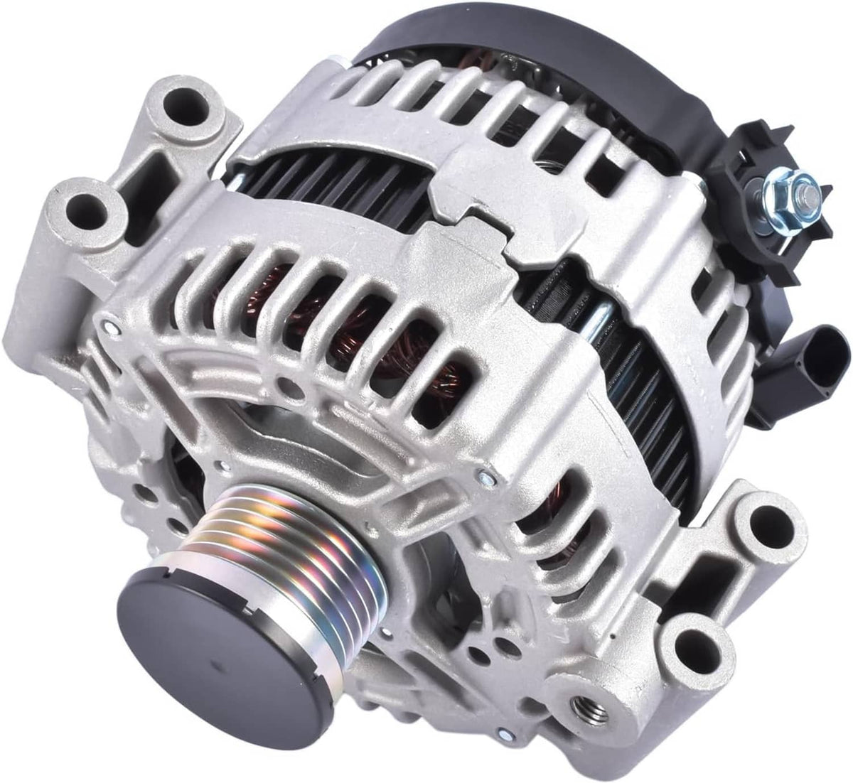 Automotive alternator with front pulley and ventilation fins, silver body and black cover
