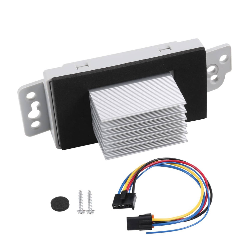 Blower motor resistor kit with heatsink module, mounting screws, and wiring harness