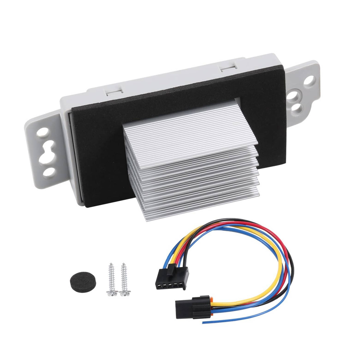 Blower motor resistor kit with heatsink module, mounting screws, and wiring harness