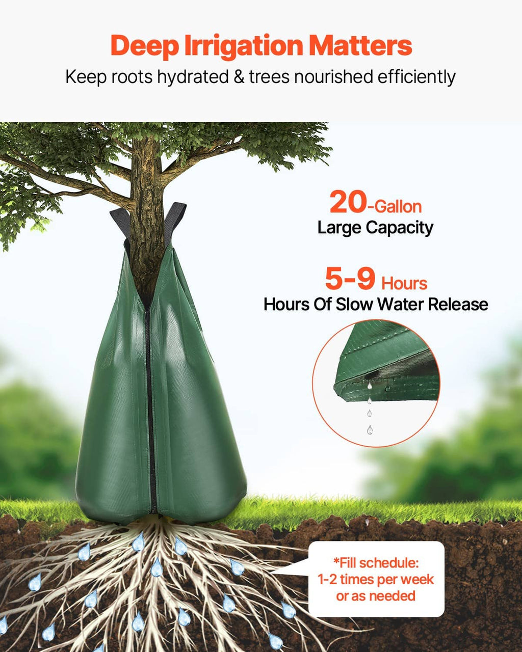 Green 20-gallon tree watering bag with slow drip irrigation opening and tapered shape