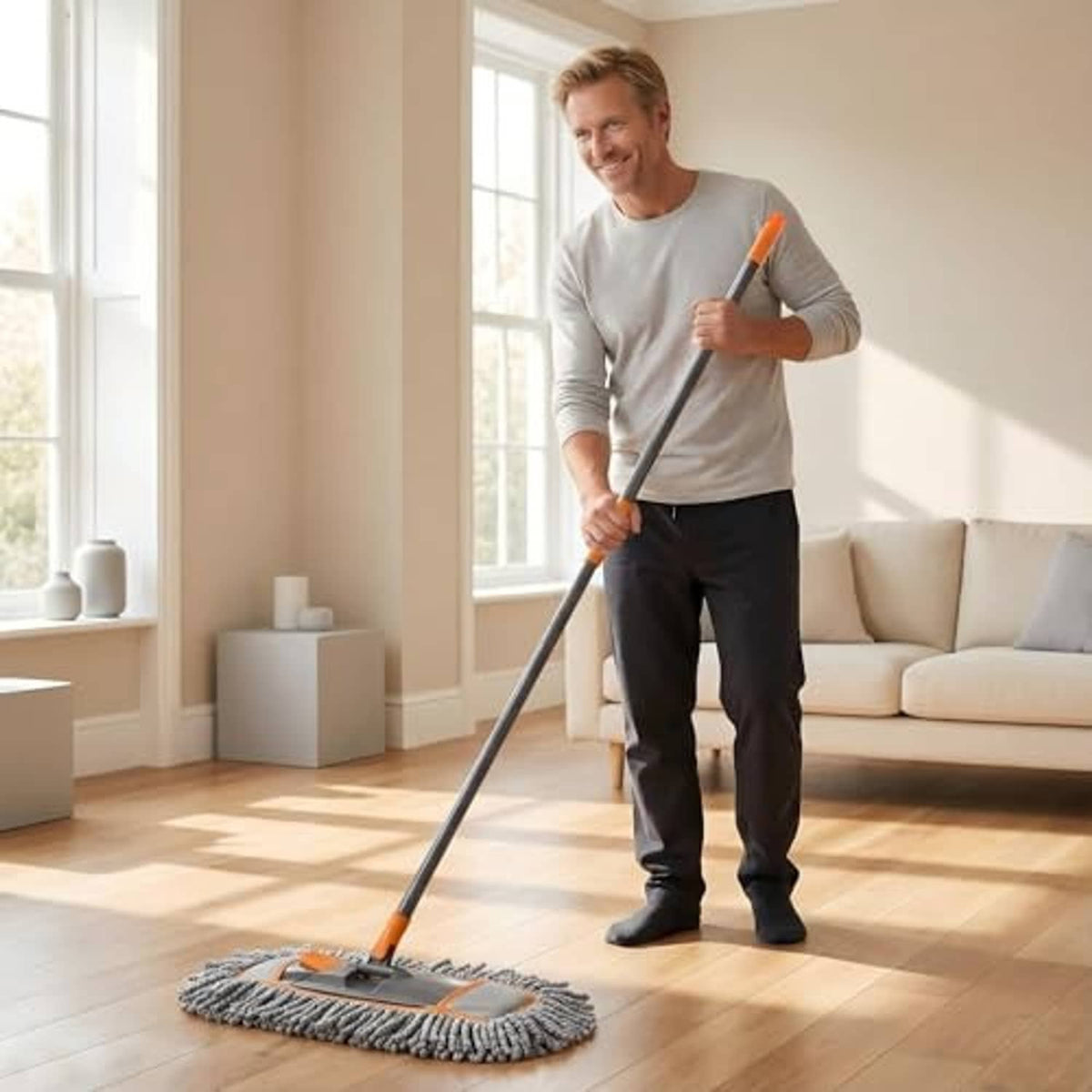 Microfiber dust mop with grey pad and orange frame on a hardwood floor