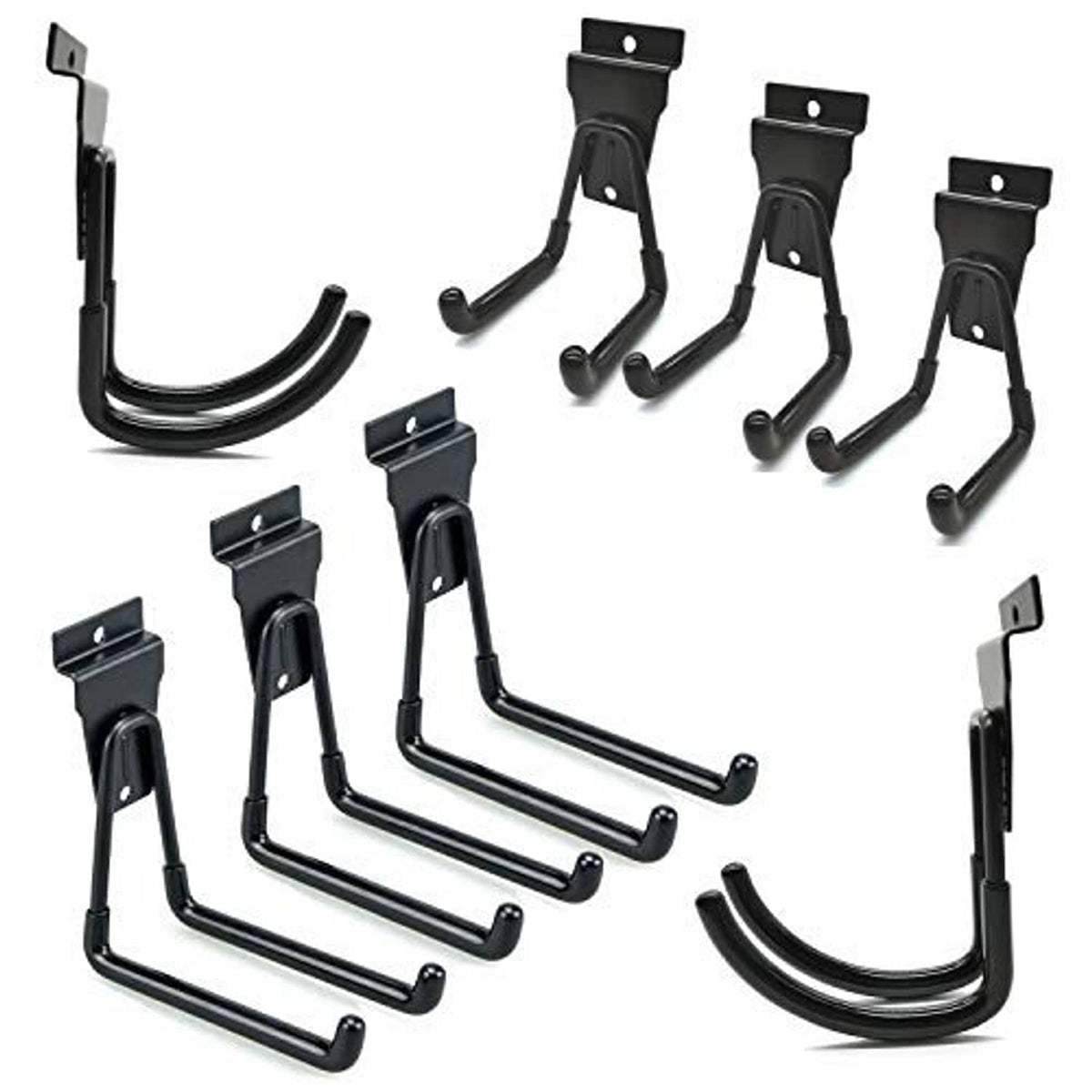 Set of black slatwall hooks with double arms and curved base, 8-pack
