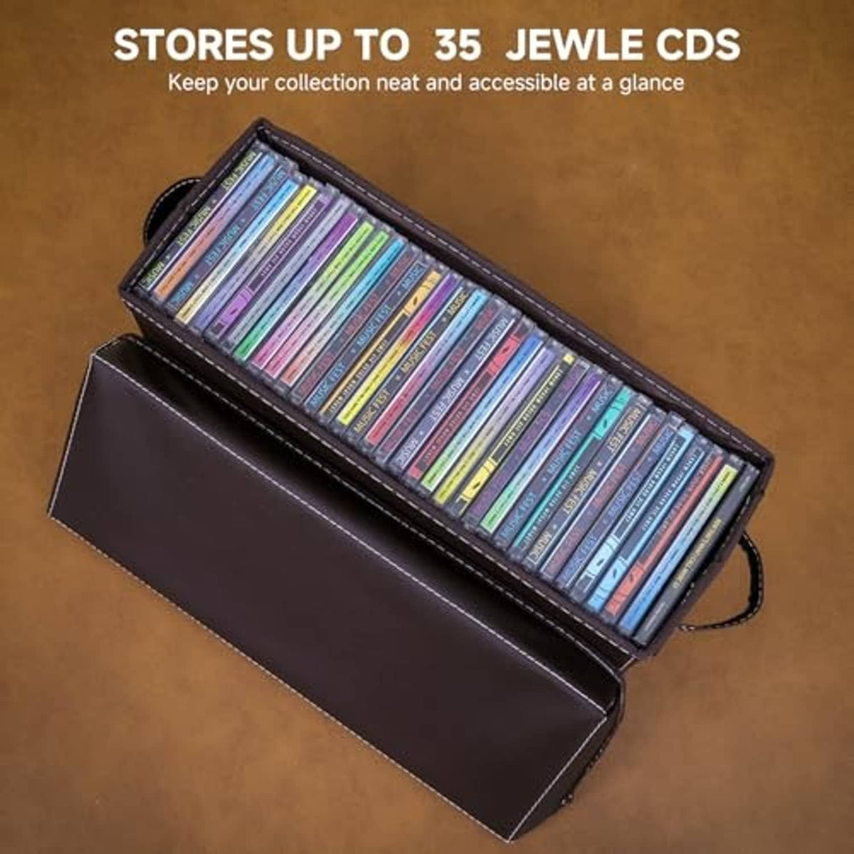 Brown faux leather CD storage box set showing open lid with colorful CD jewel cases