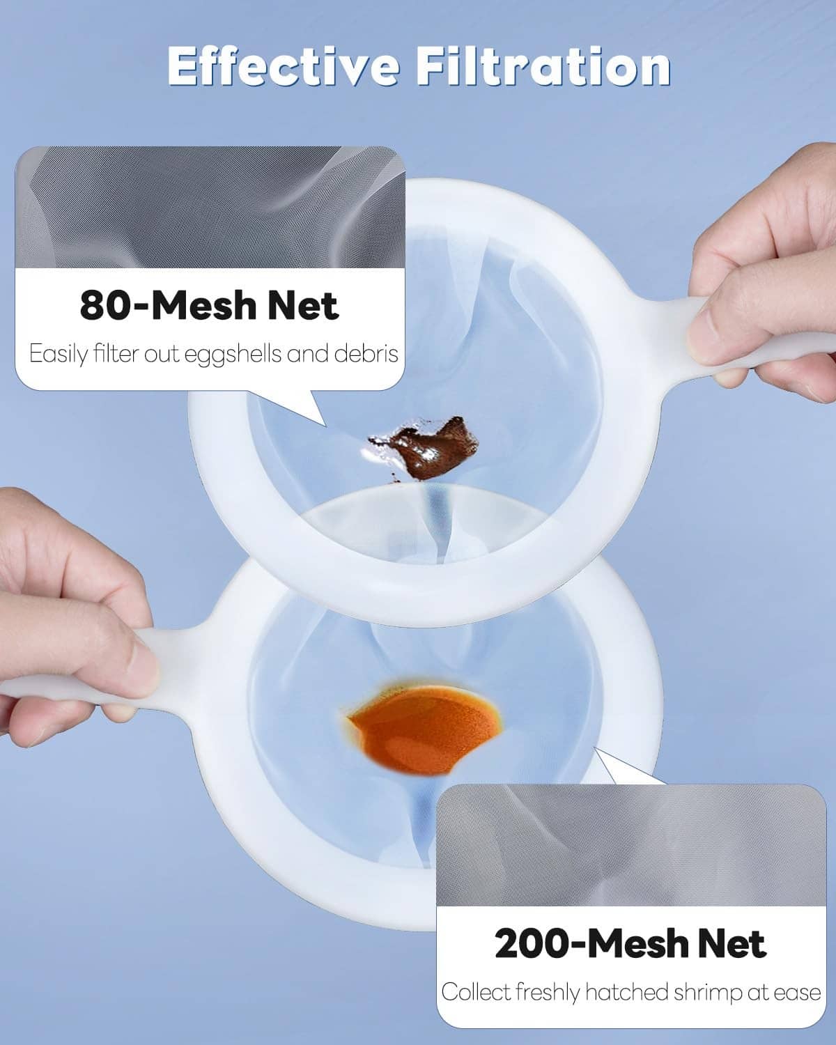 Brine shrimp double sieve nets in white, with upper and lower funnel sieves