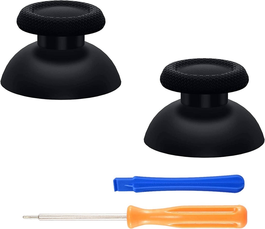 Black thumbstick replacements set with blue tool and orange pry tool, two caps
