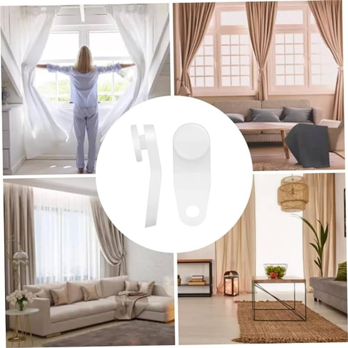 White snap-in curtain traverse slides shown in use on a curtain rod
