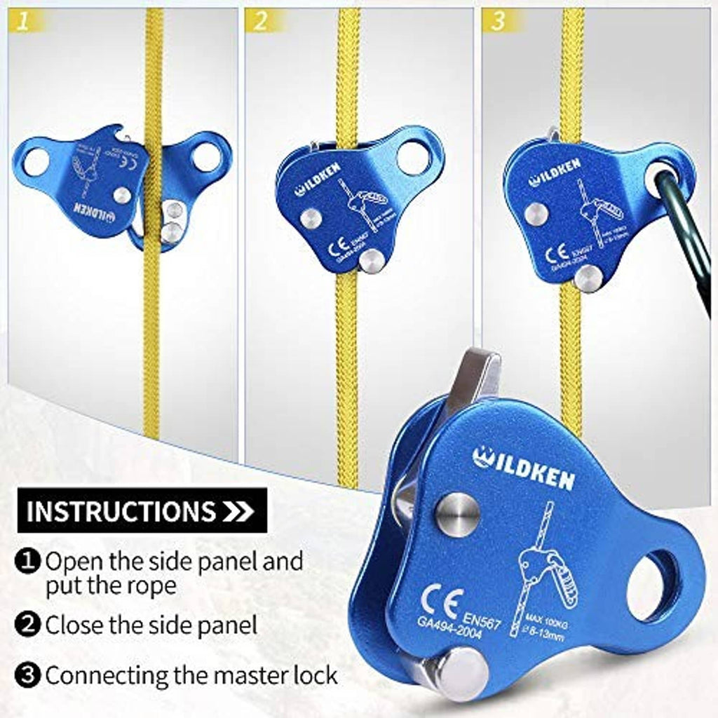 Blue ILDKEN rope grab belay device on yellow rope with step panels