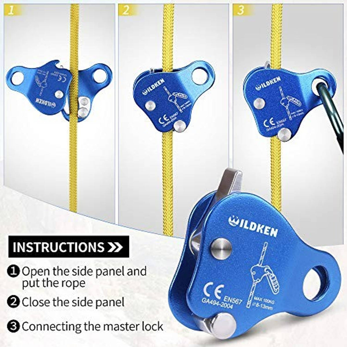 Blue ILDKEN rope grab belay device on yellow rope with step panels