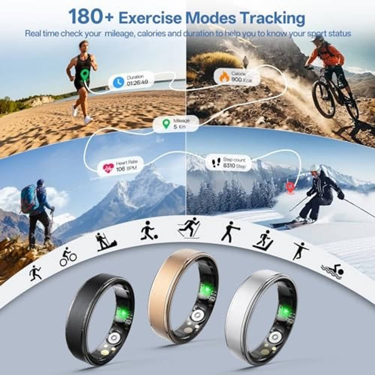 Smart ring set with glowing green LEDs in black, silver, and gold colors