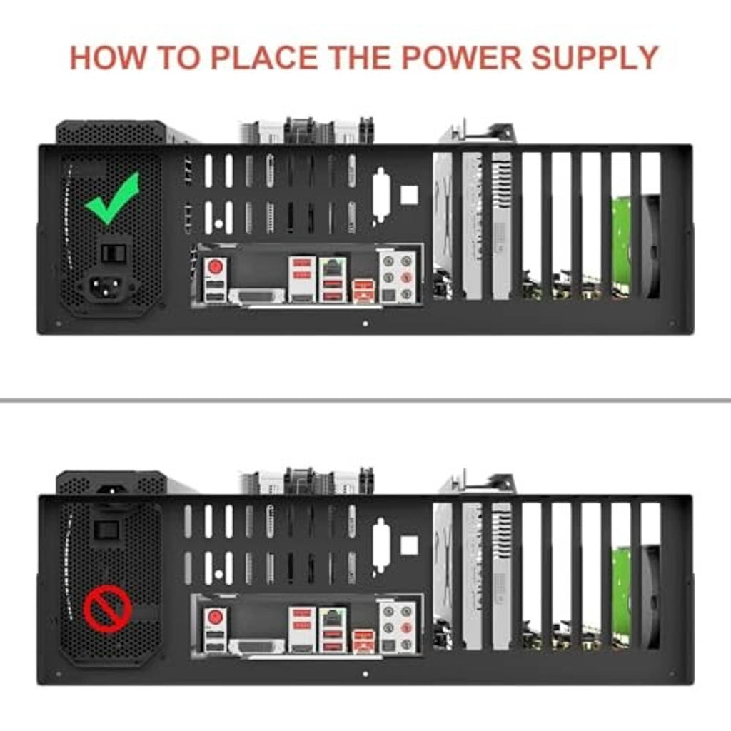 Open chassis layout with power supply area, motherboard tray, and expansion slot cutouts