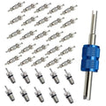 A/C valve core removal tool with multiple metal Schrader valve cores and blue grip