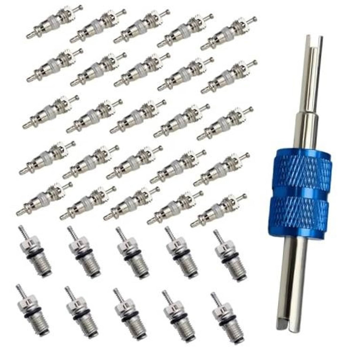 A/C valve core removal tool with multiple metal Schrader valve cores and blue grip