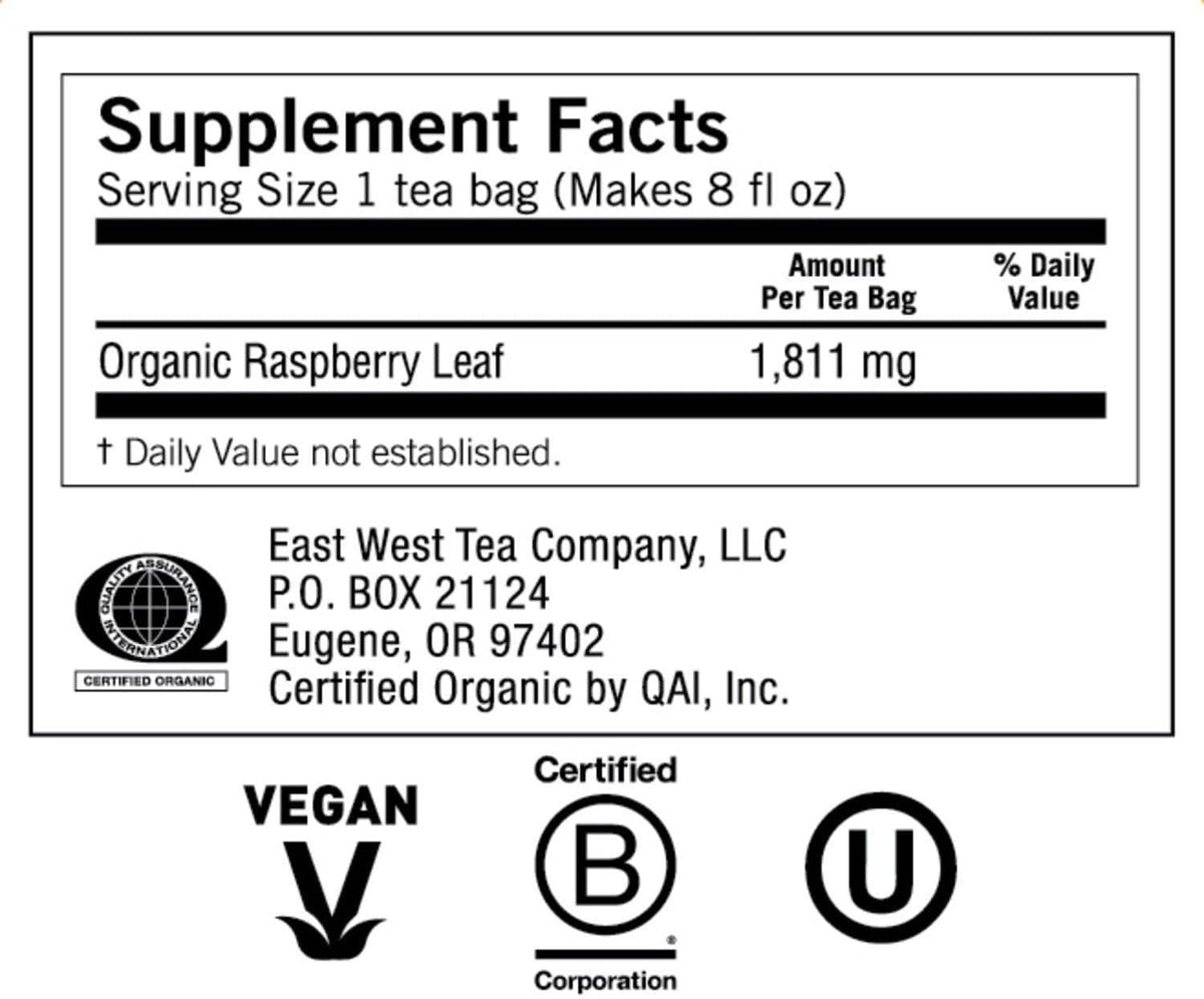 Supplement Facts label for organic raspberry leaf tea bags, 1.811 mg per bag