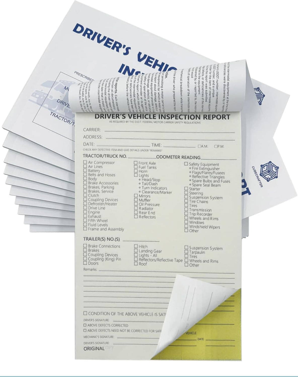 Packet of vehicle inspection report forms with white pages and yellow bottom copy