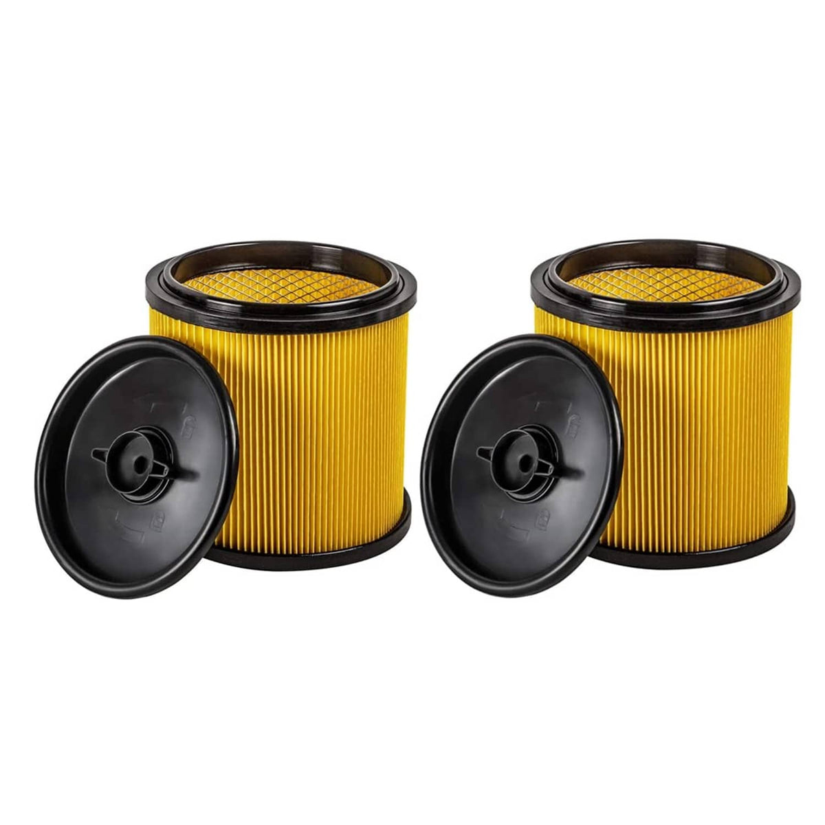 2-pack shop vac replacement filters, black caps, yellow pleated media