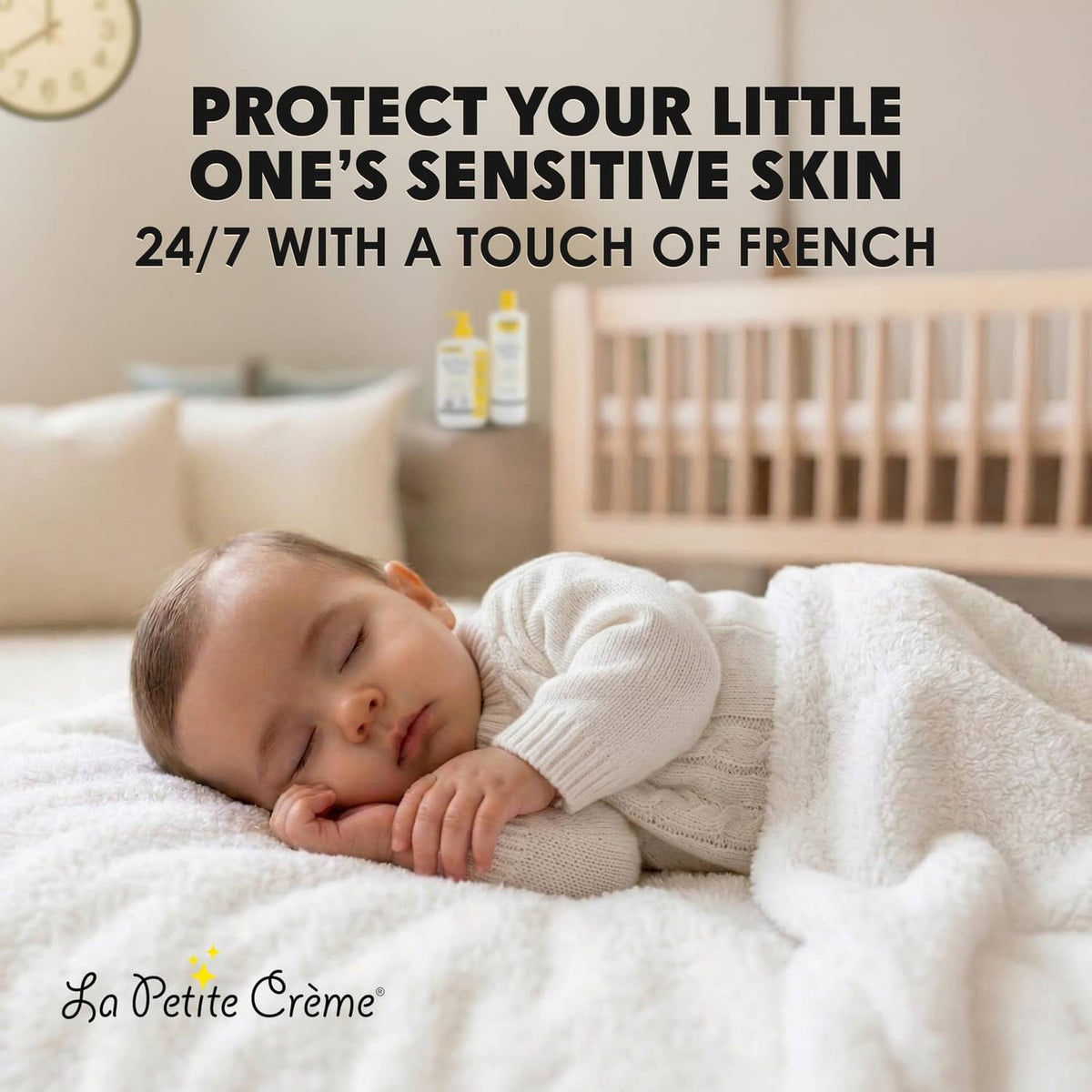 La Petite Creme French diapering lotion bottles in background, white with yellow pumps