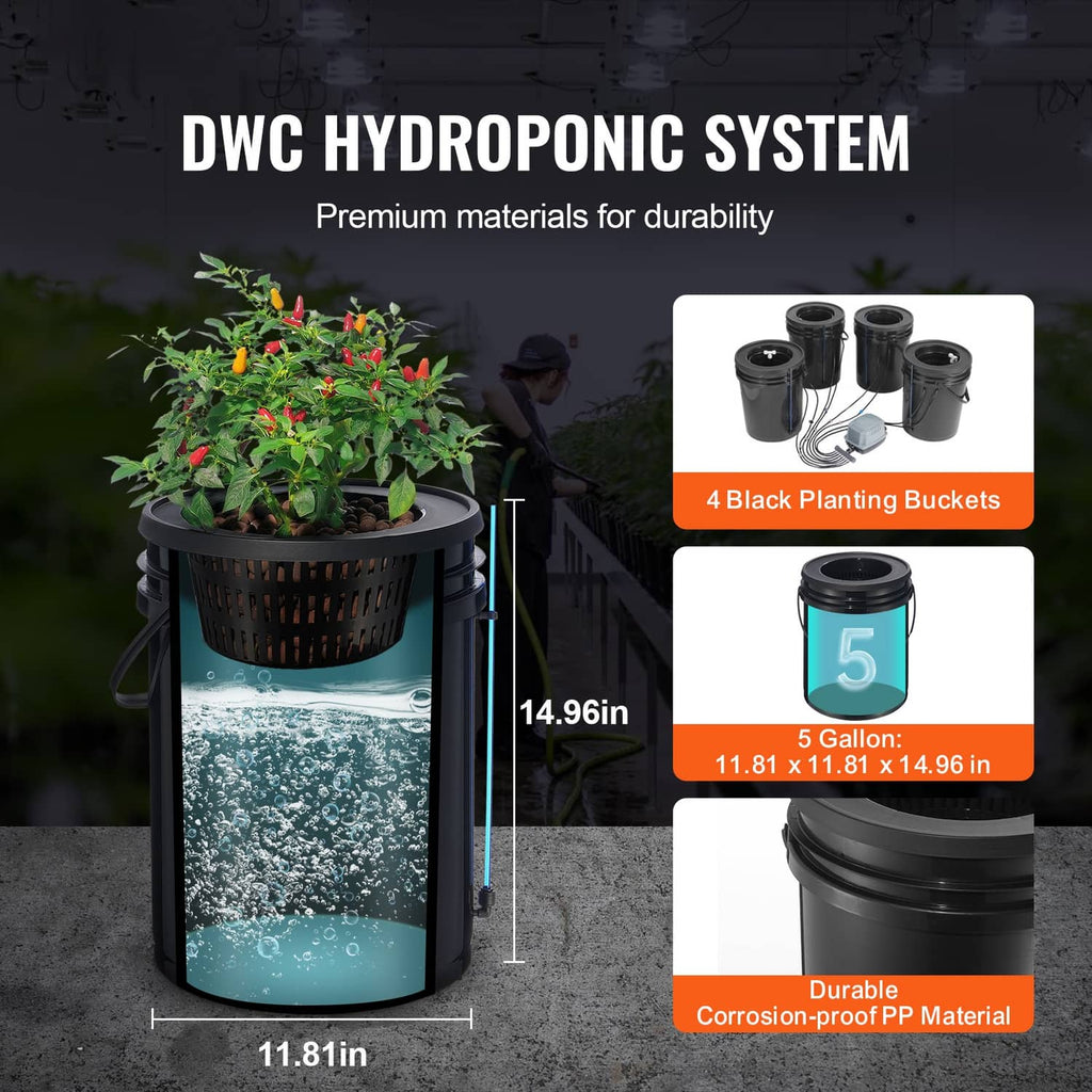 DWC hydroponic system with four black planting buckets and included pump
