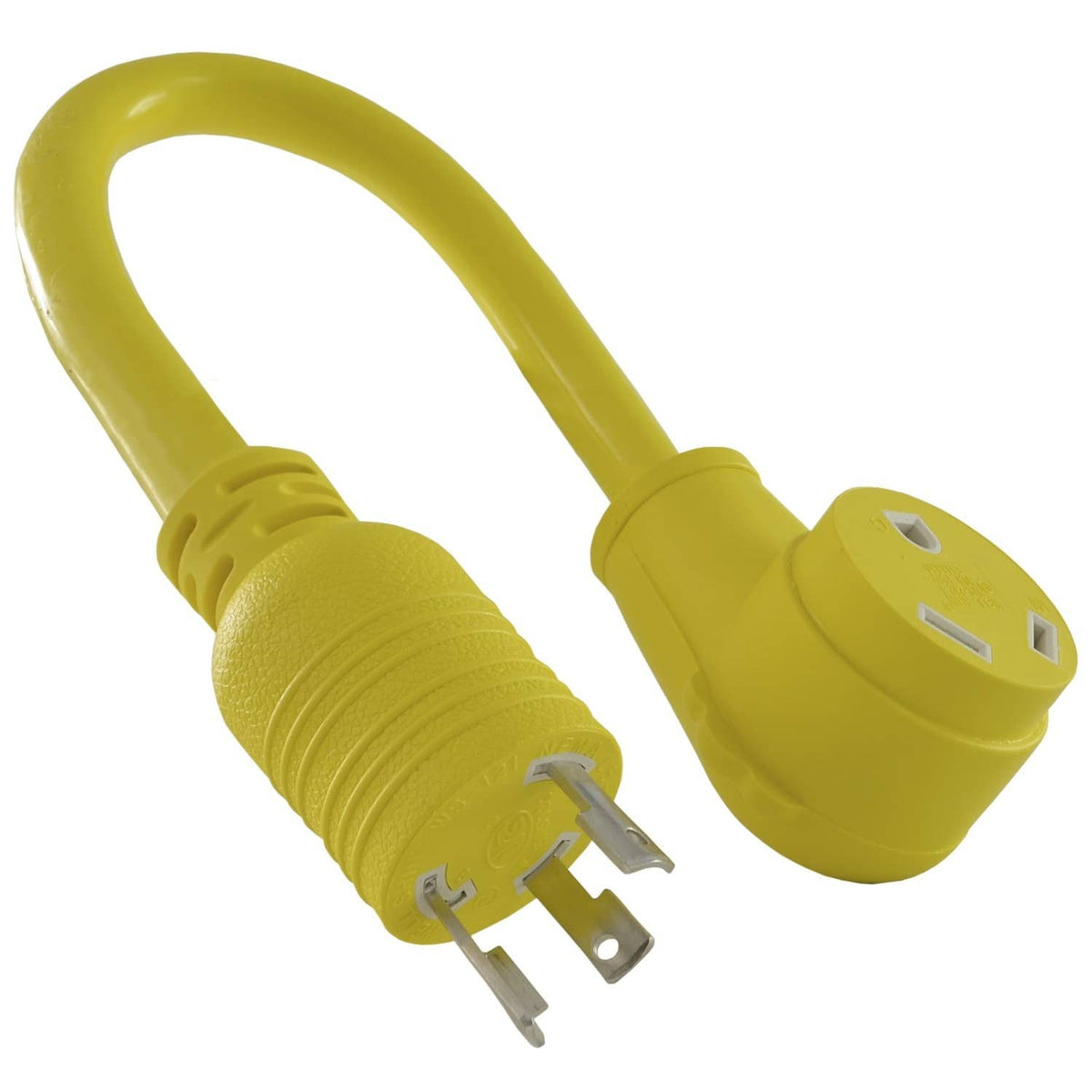 Yellow 30 Amp 3-prong locking male RV generator adapter with power cord