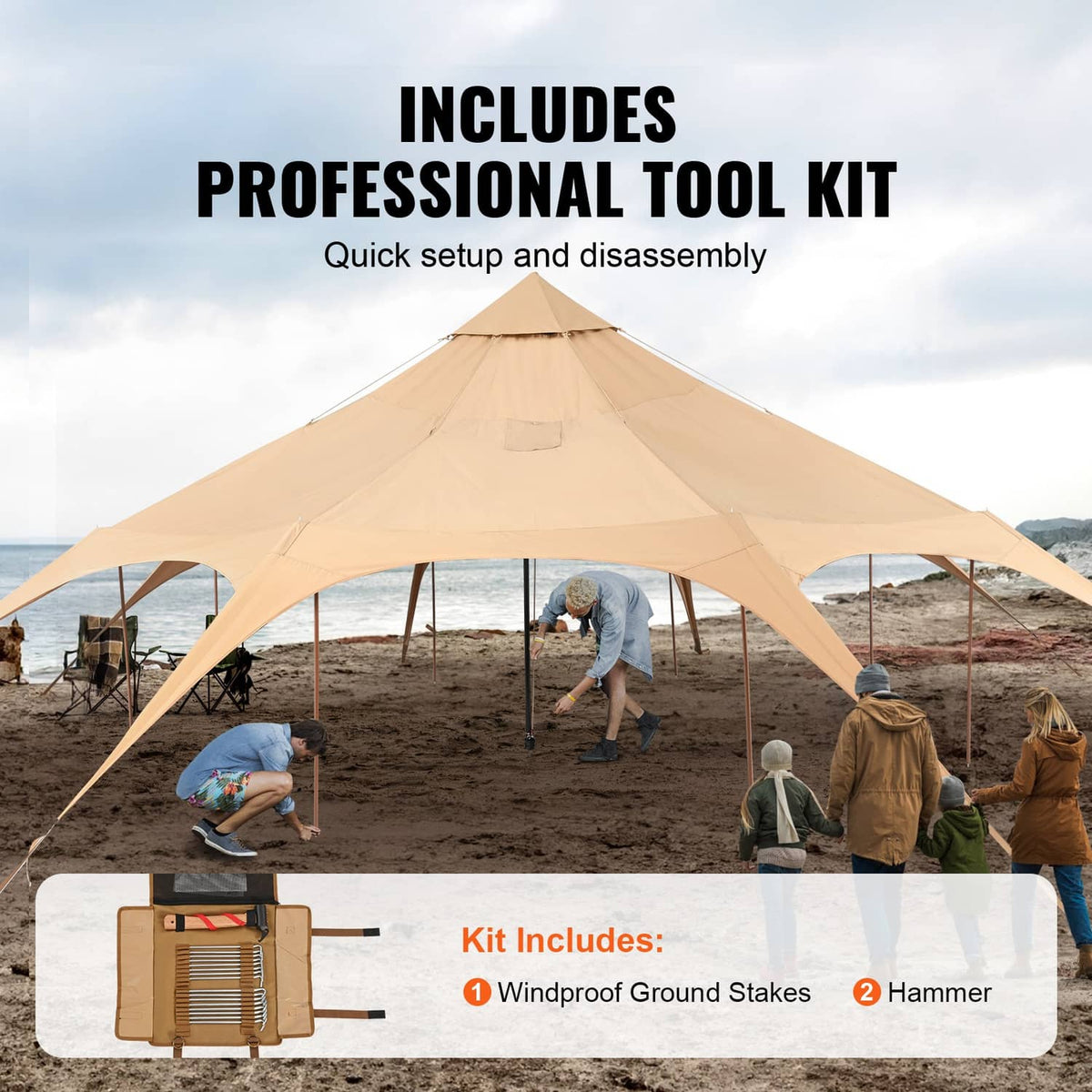 Beige bell tent with included stakes, hammer, and professional setup tool kit
