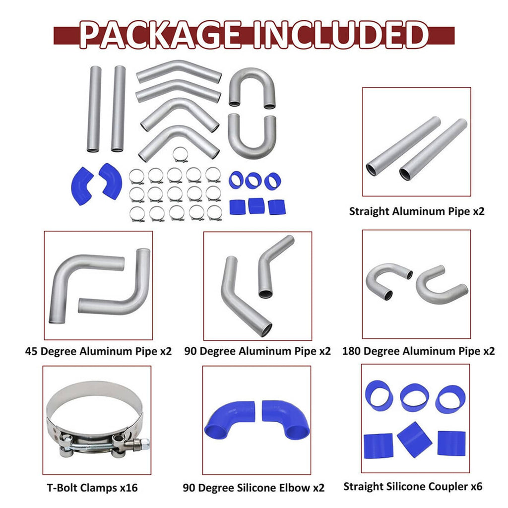 Intercooler piping kit contents: polished aluminum tubes, blue silicone couplers, clamps