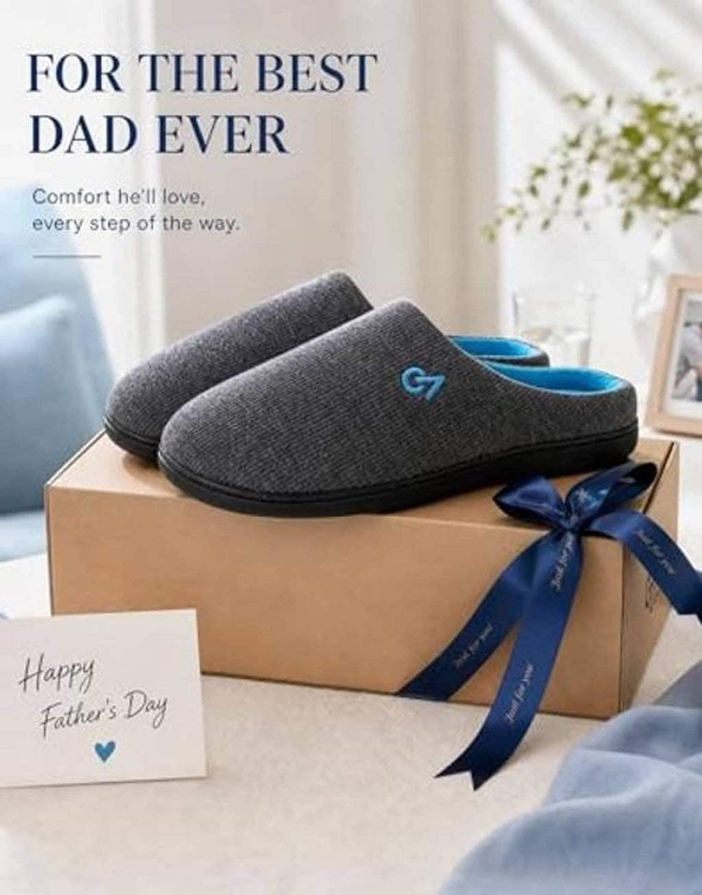 Two-tone dark gray slippers with bright blue lining on a gift box