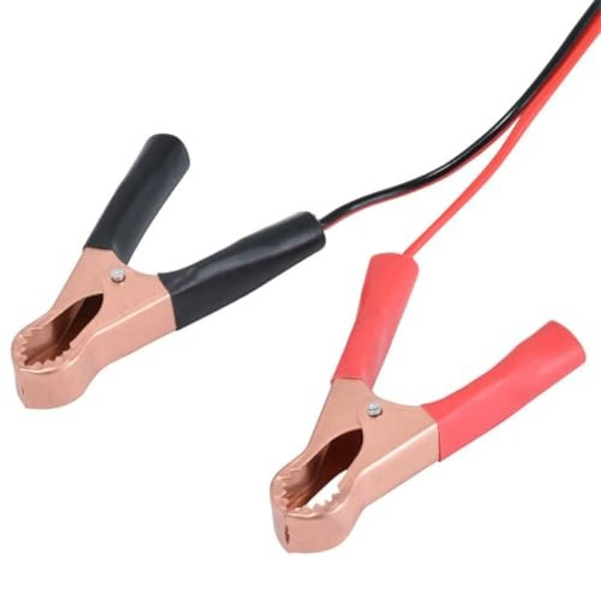 Insulated alligator clips, copper jaws with black grips and red insulated handles