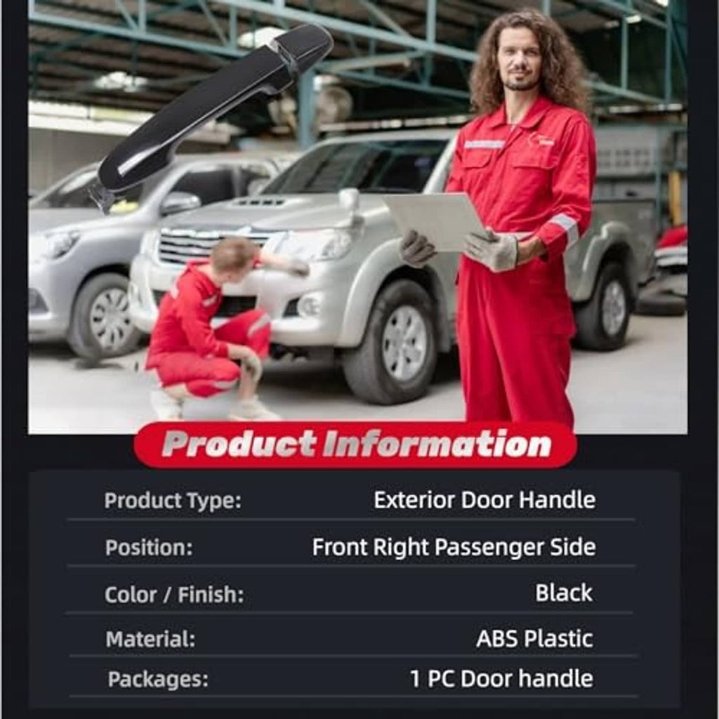 Exterior door handle product info graphic: black ABS front right passenger-side handle