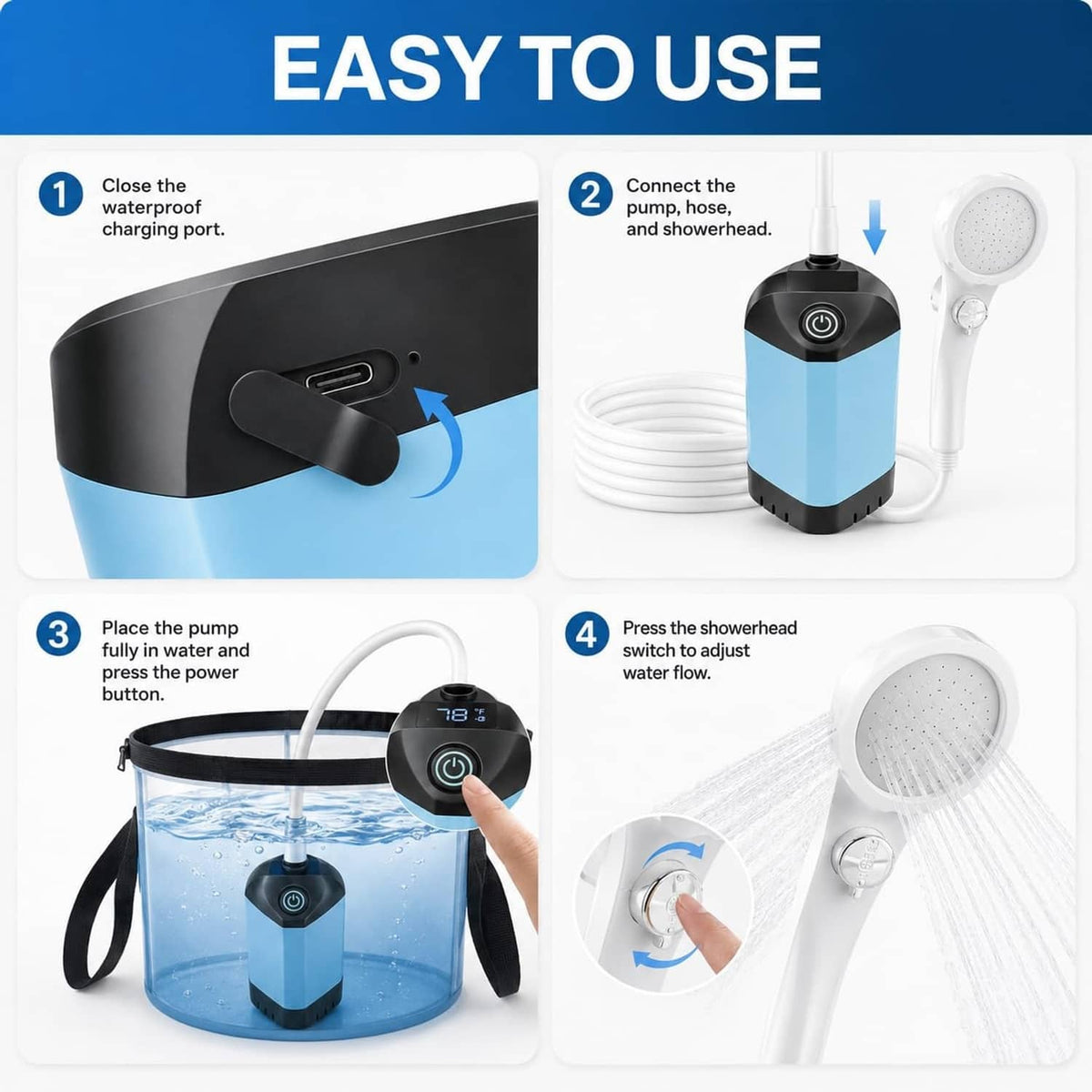 Portable shower pump with step-by-step setup, charging port, and attached shower hose