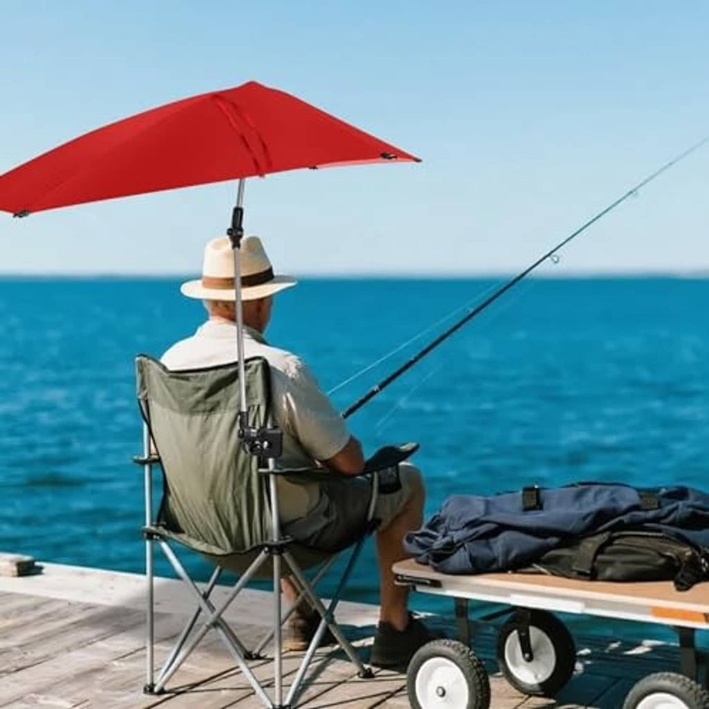 Red beach sun umbrella replacement canopy mounted on a pole, hexagonal fabric top