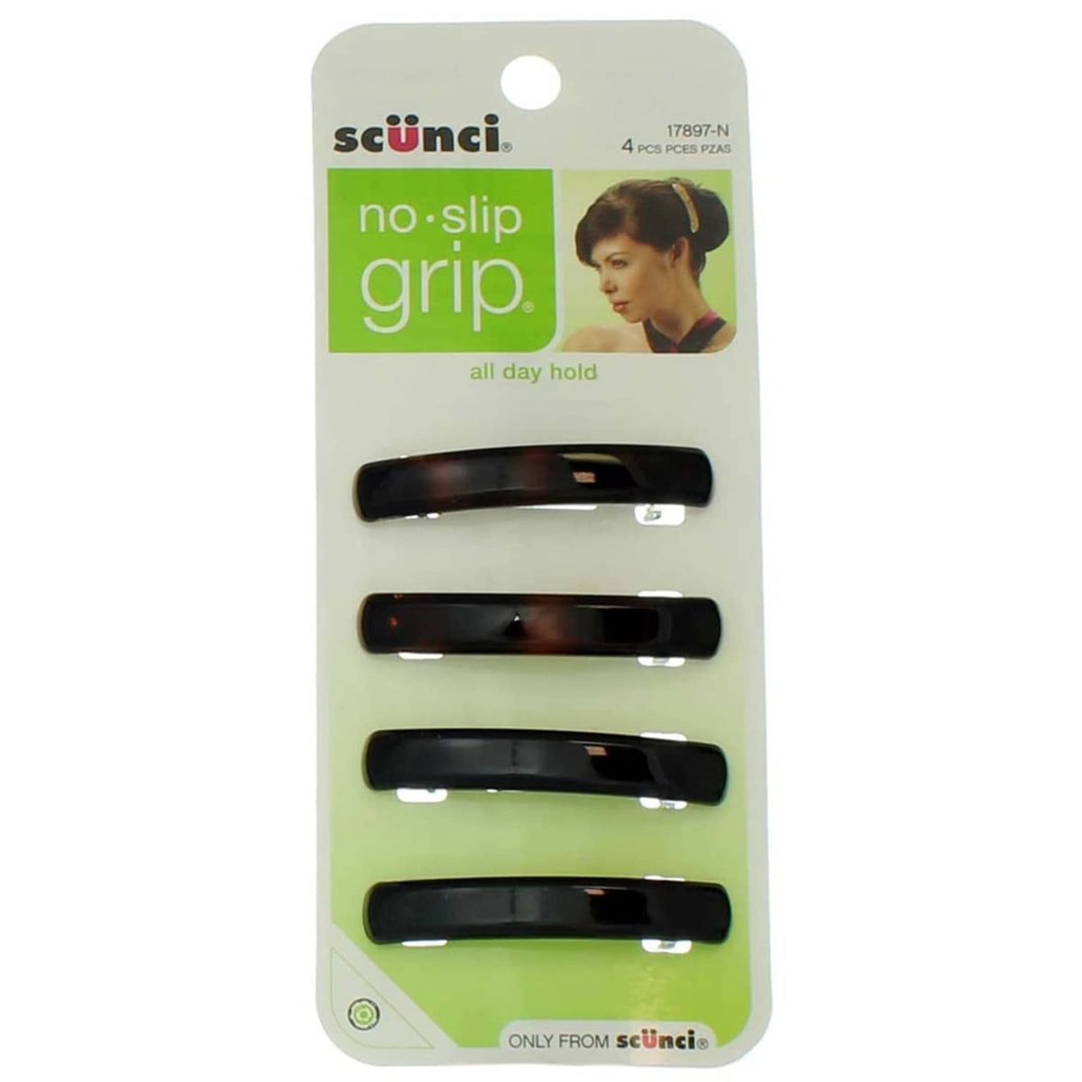 Scunci no-slip grip auto clasp barrettes, 4 pack; four black barrettes with auto clasp