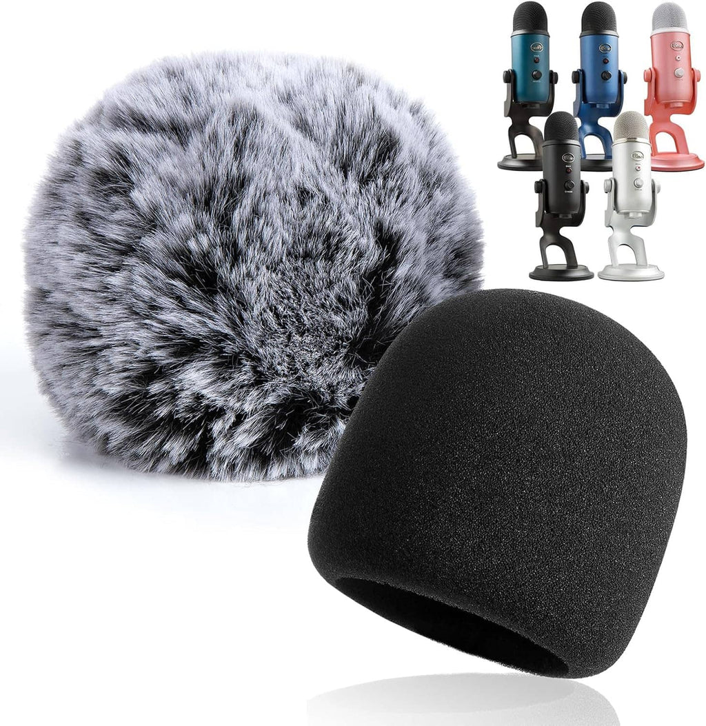 Gray furry pop filter windscreen paired with black foam microphone cover