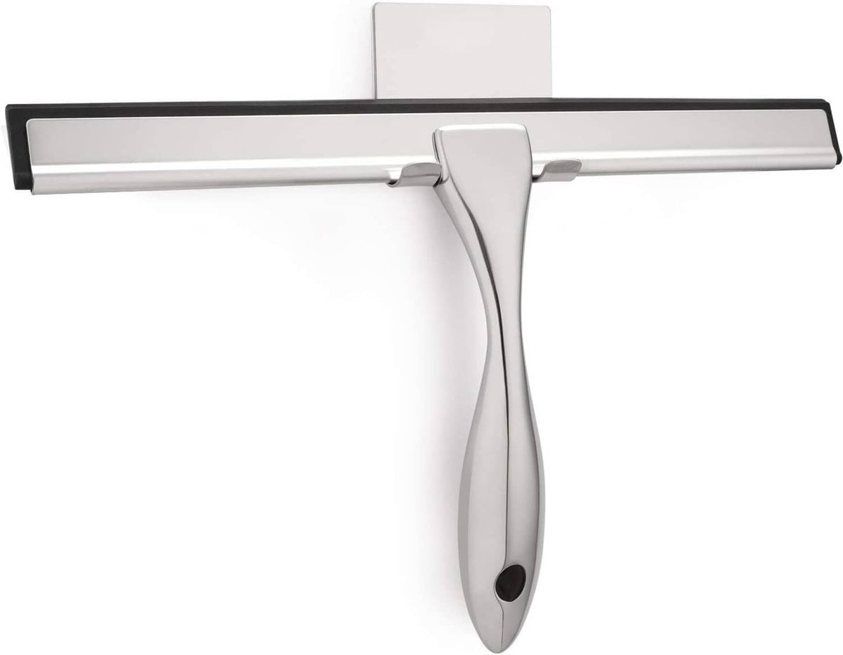 Shower squeegee with silver handle and black rubber blade for glass cleaning