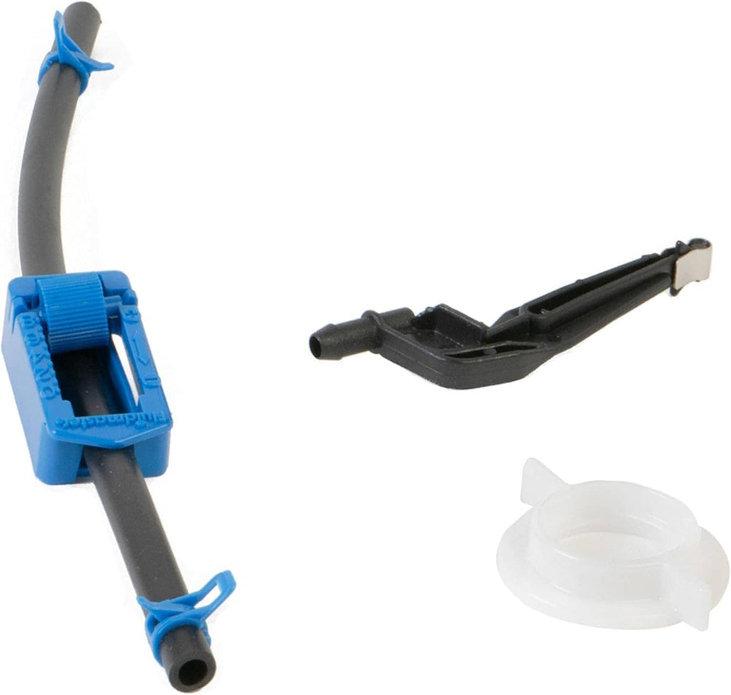 Universal toilet filling valve parts: blue connector clip, black bracket, and white cap
