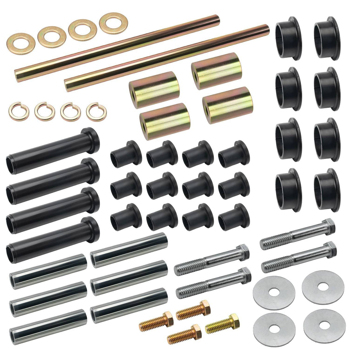 Rear A-arm bushing hardware kit with steel shafts, black bushings, bolts and washers