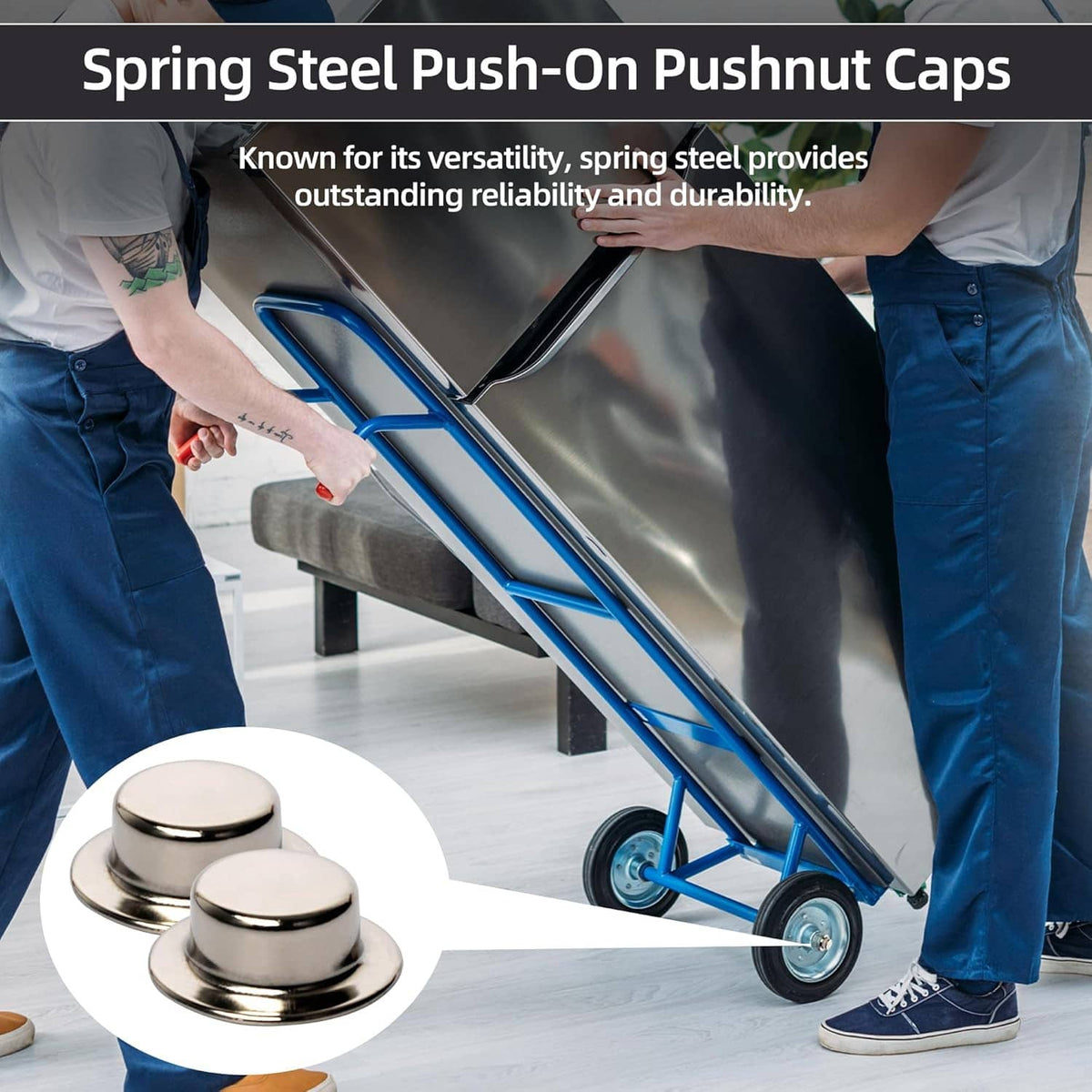 Spring steel push-on pushnut axle caps, shiny zinc finish, metal round caps (3 shown)