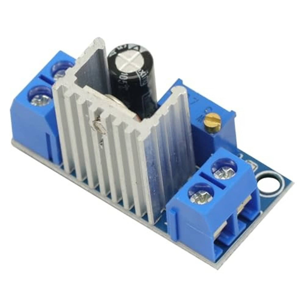 LM317 adjustable voltage regulator module board with heat sink and blue terminal blocks