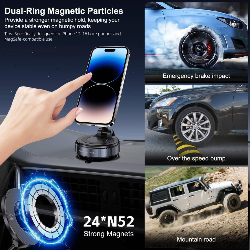 Vacuum magnetic phone holder with dual-ring magnet grip and compact base